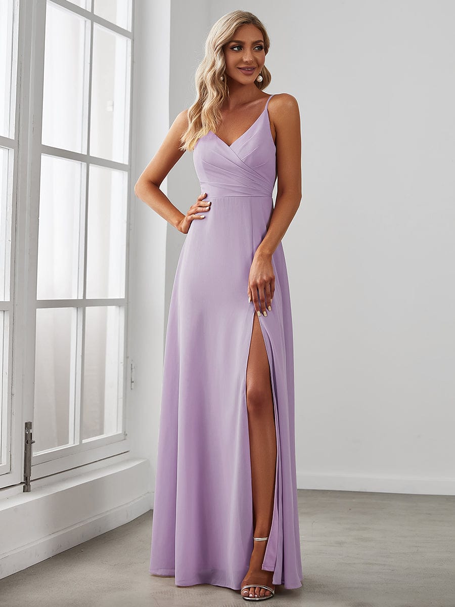 ever RENÉ|Spaghetti Strap Pleated V-Neck High Slit Bridesmaid Dress