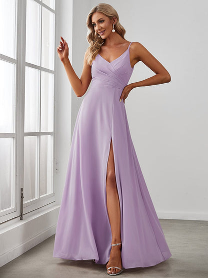 ever RENÉ|Spaghetti Strap Pleated V-Neck High Slit Bridesmaid Dress