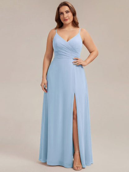 ever RENÉ|Spaghetti Strap Pleated V-Neck High Slit Bridesmaid Dress