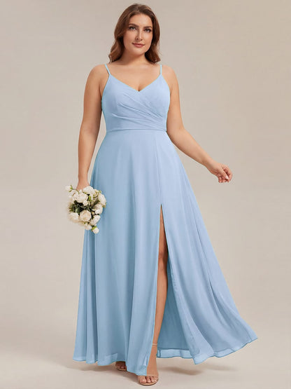 ever RENÉ|Spaghetti Strap Pleated V-Neck High Slit Bridesmaid Dress