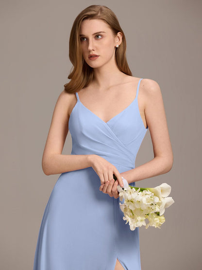ever RENÉ|Spaghetti Strap Pleated V-Neck High Slit Bridesmaid Dress