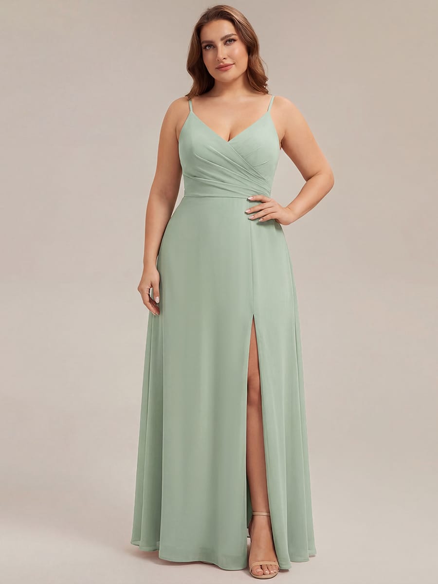 ever RENÉ|Spaghetti Strap Pleated V-Neck High Slit Bridesmaid Dress