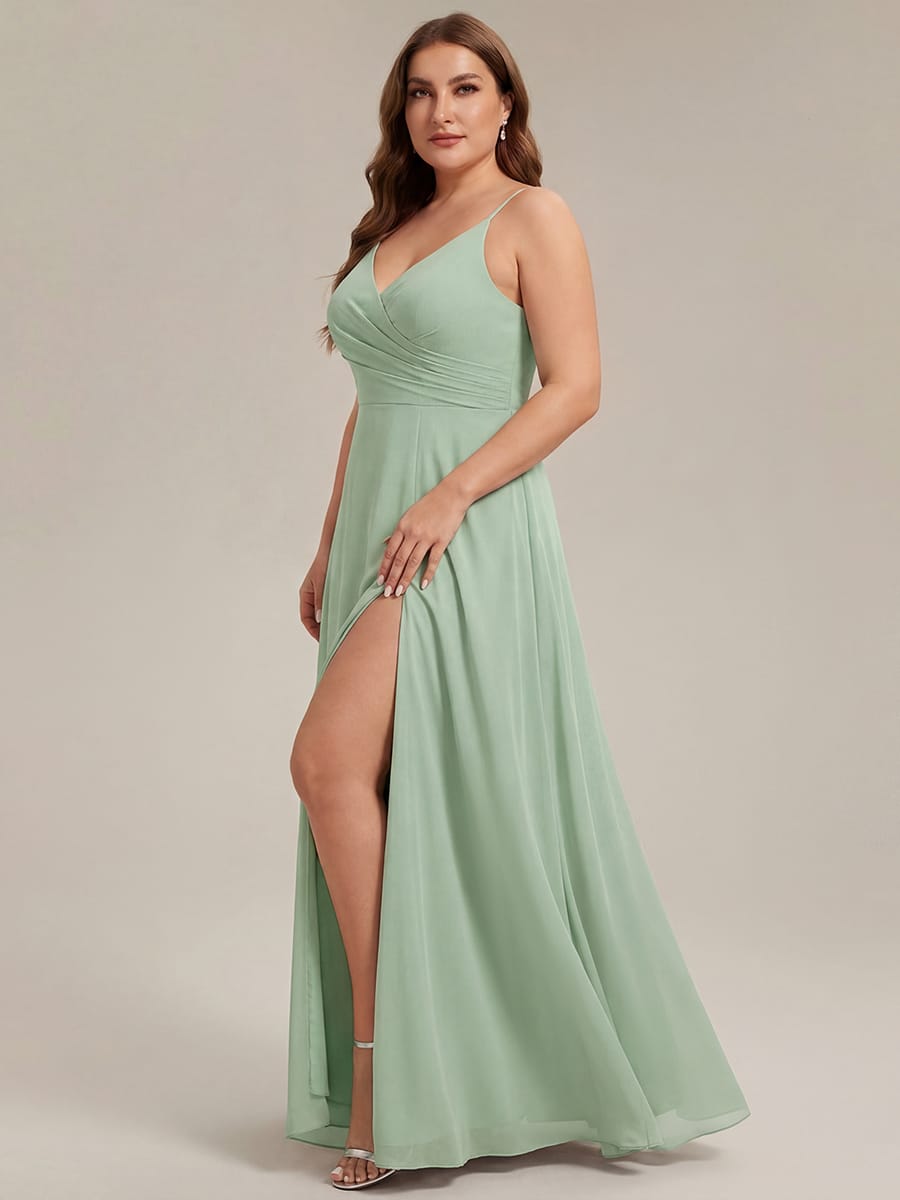 ever RENÉ|Spaghetti Strap Pleated V-Neck High Slit Bridesmaid Dress