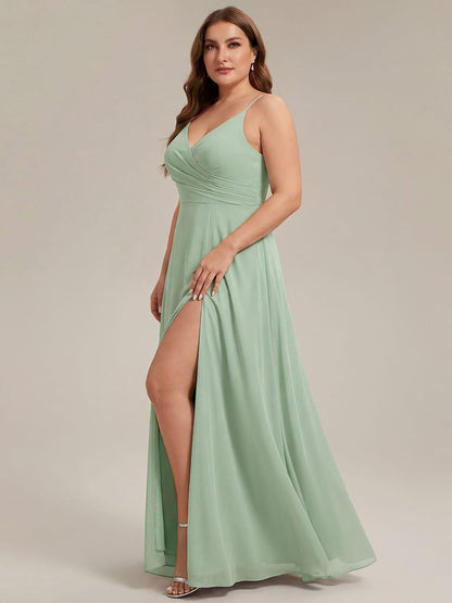 ever RENÉ|Spaghetti Strap Pleated V-Neck High Slit Bridesmaid Dress