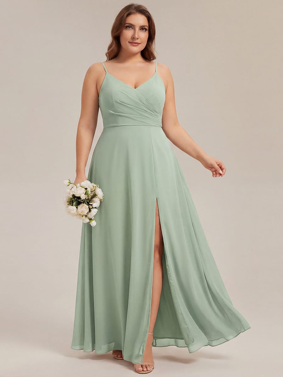ever RENÉ|Spaghetti Strap Pleated V-Neck High Slit Bridesmaid Dress