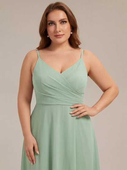 ever RENÉ|Spaghetti Strap Pleated V-Neck High Slit Bridesmaid Dress