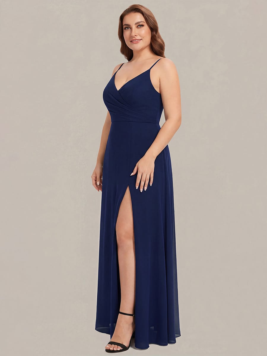 ever RENÉ|Spaghetti Strap Pleated V-Neck High Slit Bridesmaid Dress