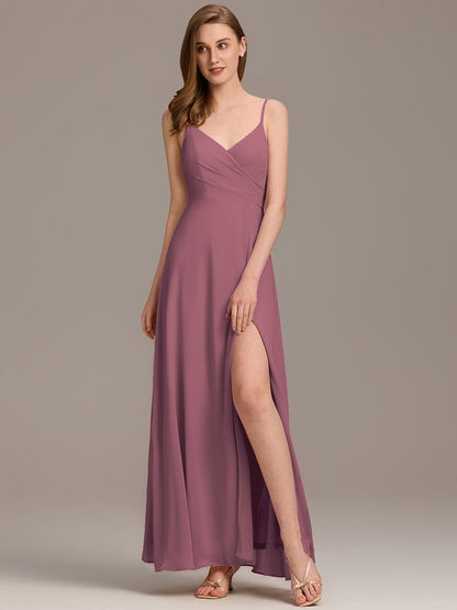 ever RENÉ|Spaghetti Strap Pleated V-Neck High Slit Bridesmaid Dress