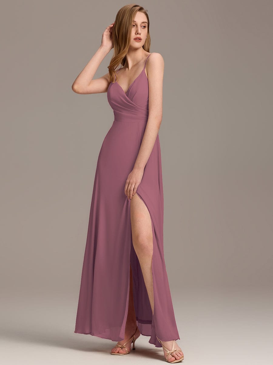 ever RENÉ|Spaghetti Strap Pleated V-Neck High Slit Bridesmaid Dress