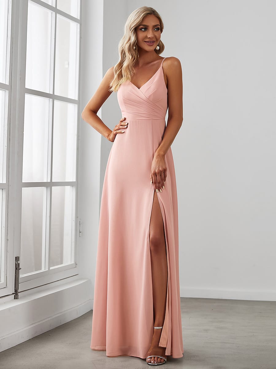 ever RENÉ|Spaghetti Strap Pleated V-Neck High Slit Bridesmaid Dress