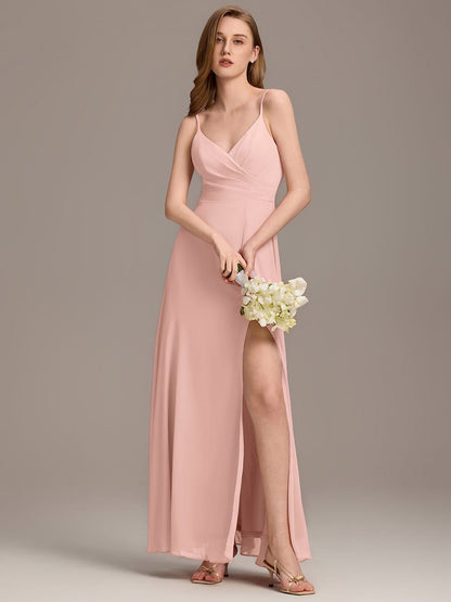 ever RENÉ|Spaghetti Strap Pleated V-Neck High Slit Bridesmaid Dress