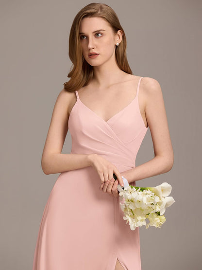ever RENÉ|Spaghetti Strap Pleated V-Neck High Slit Bridesmaid Dress