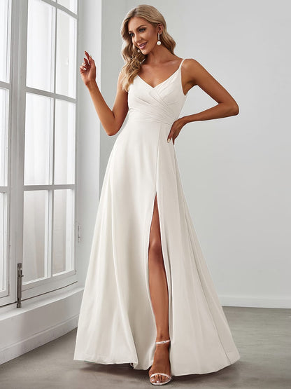 ever RENÉ|Spaghetti Strap Pleated V-Neck High Slit Bridesmaid Dress