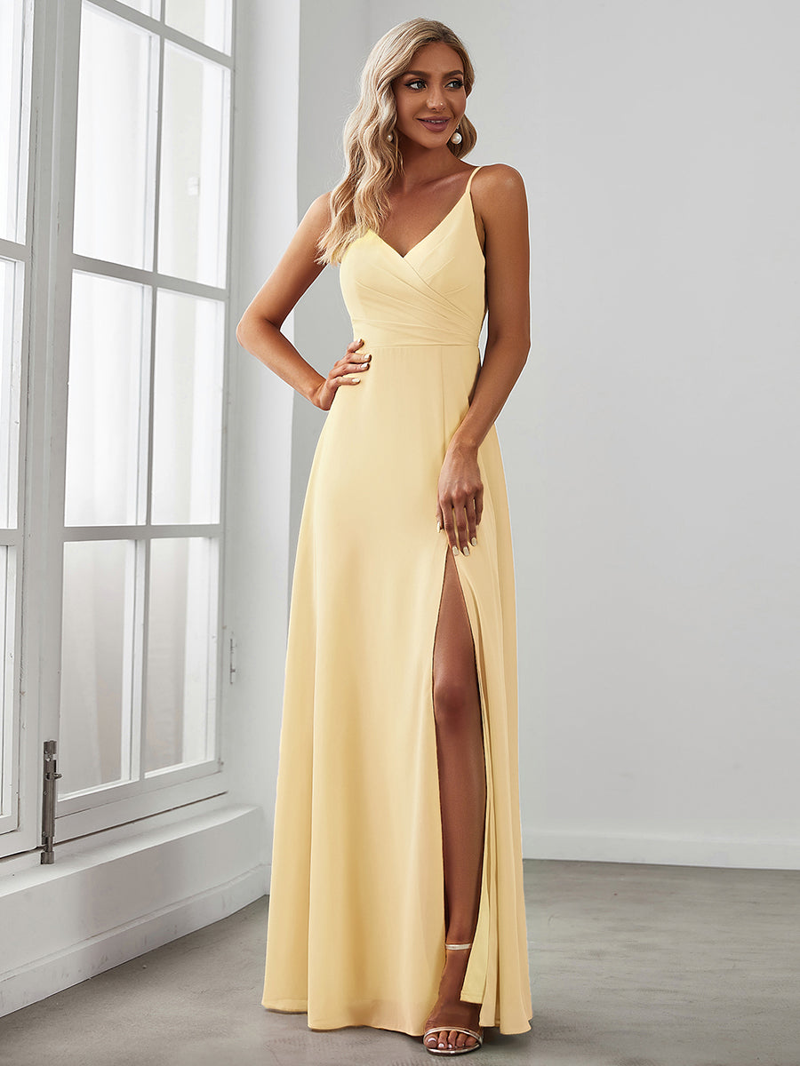 ever RENÉ|Spaghetti Strap Pleated V-Neck High Slit Bridesmaid Dress