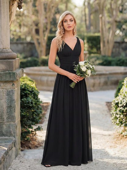 ever HUSH|V Neck Sleeveless Pleated Chiffon Evening Dress