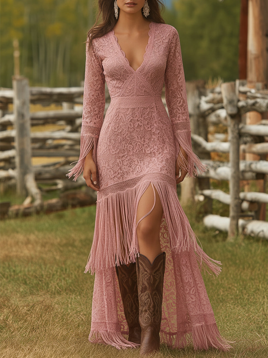 Retro White Lace V-neck Long Sleeve Tassel Short Front And Long Back Skirt Maxi Dress