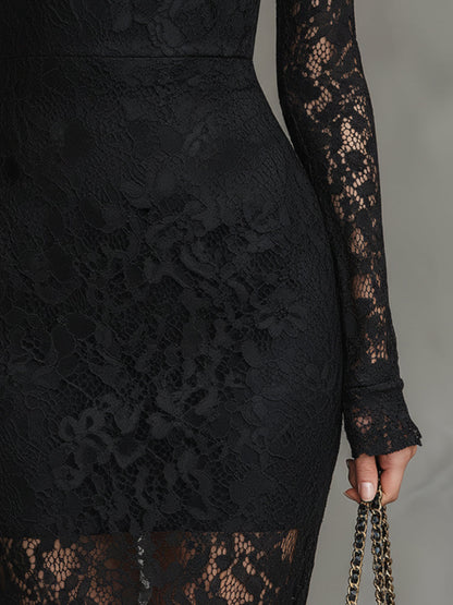 Elegant Party Black Stretch Lace Fishtail Maxi Dress