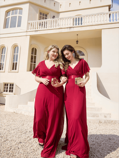 ever MONICA|Long Empire Waist Bridesmaid Dress with Short Flutter Sleeves