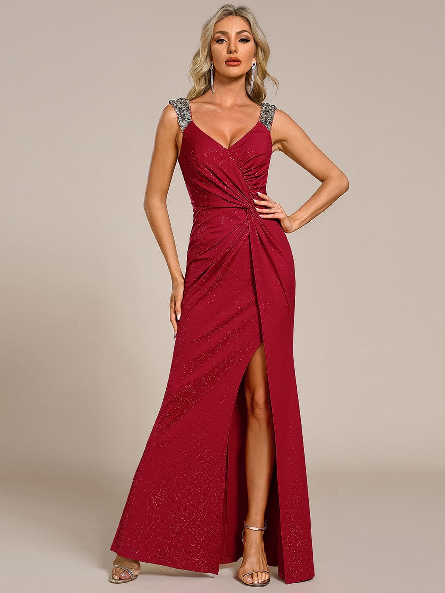 Robe de Soirée Élégante à Sequins avec Décolleté en V et Fente Haute