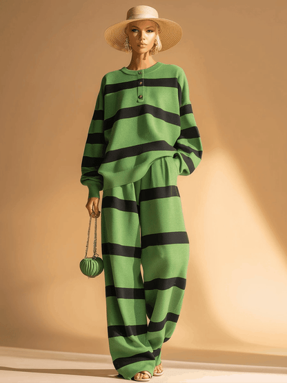 Casual Sports Green And Black Striped Sweatshirt And Pants Set