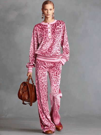 Casual Sporty Retro Pink Velvet Leopard Print Sweatshirt And Wide-Leg Pants Set