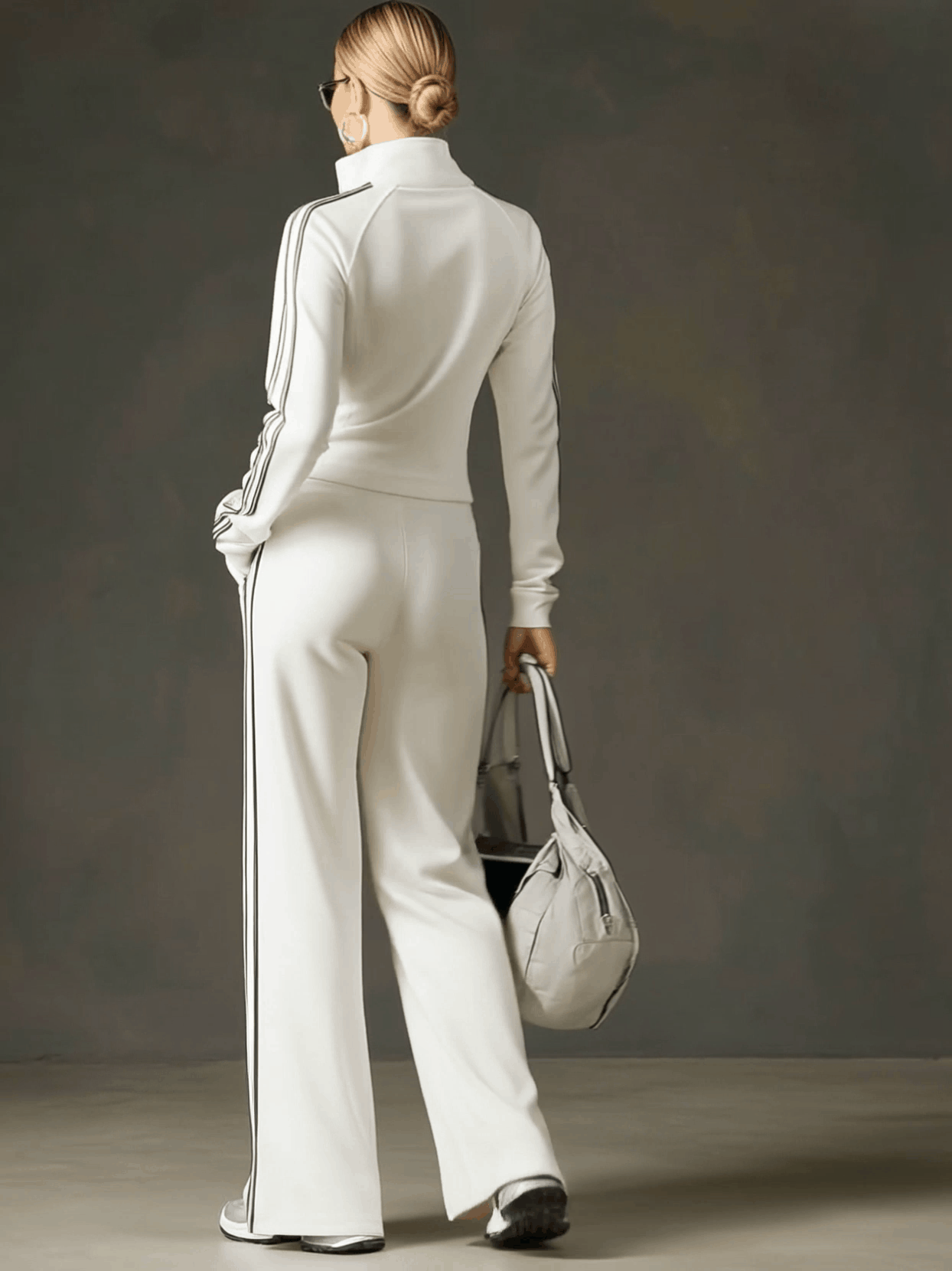 Sporty Retro Striped Webbing White Long-Sleeve Sweatshirt And Wide-Leg Pants Set