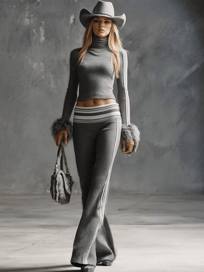 Retro Fashion Sporty Gray Knitted Feather Cuffs High-neck Top And Slim-fit Flared Pants Suit