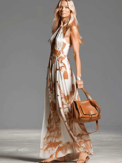 Vintage Bohemia Halter Neck Brown Western Print Off White Chiffon Split Maxi Dress