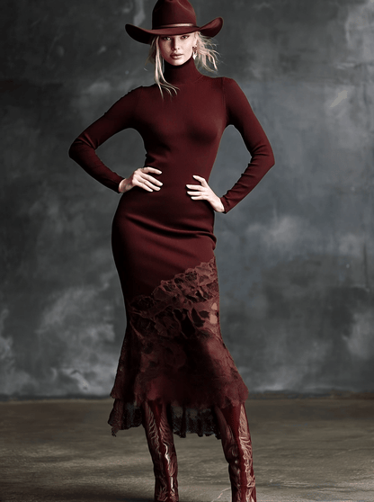 Simple And Elegant High-neck Lace Hem Burgundy Knitted Maxi Dress