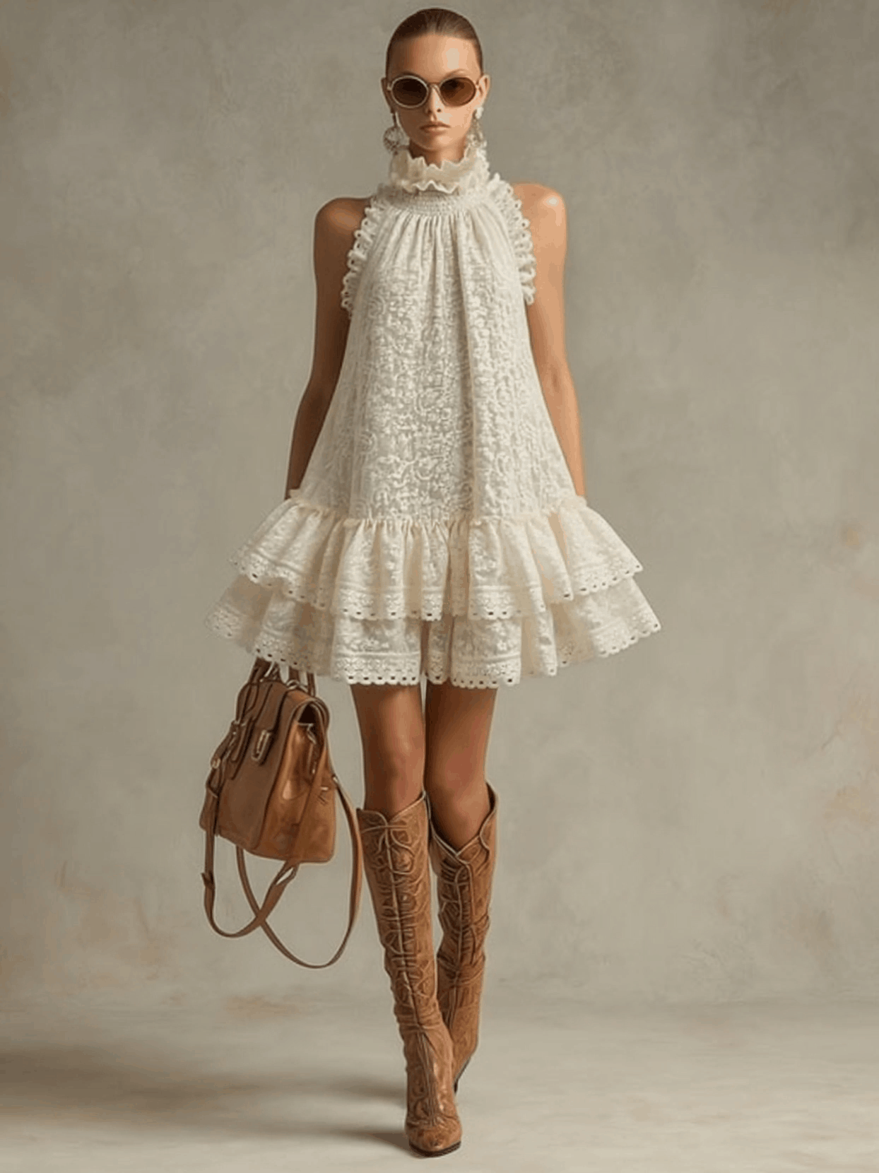 Vacation Retro Beige Lace Sleeveless Ruffled Mini Dress