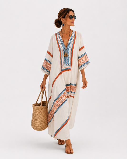 Amira | Caftan Blanc à Imprimé Ethnique
