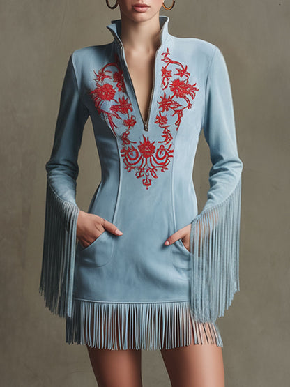 Western Retro Red Embroidered Blue Faux Suede Long-Sleeved Tassel Mini Dress