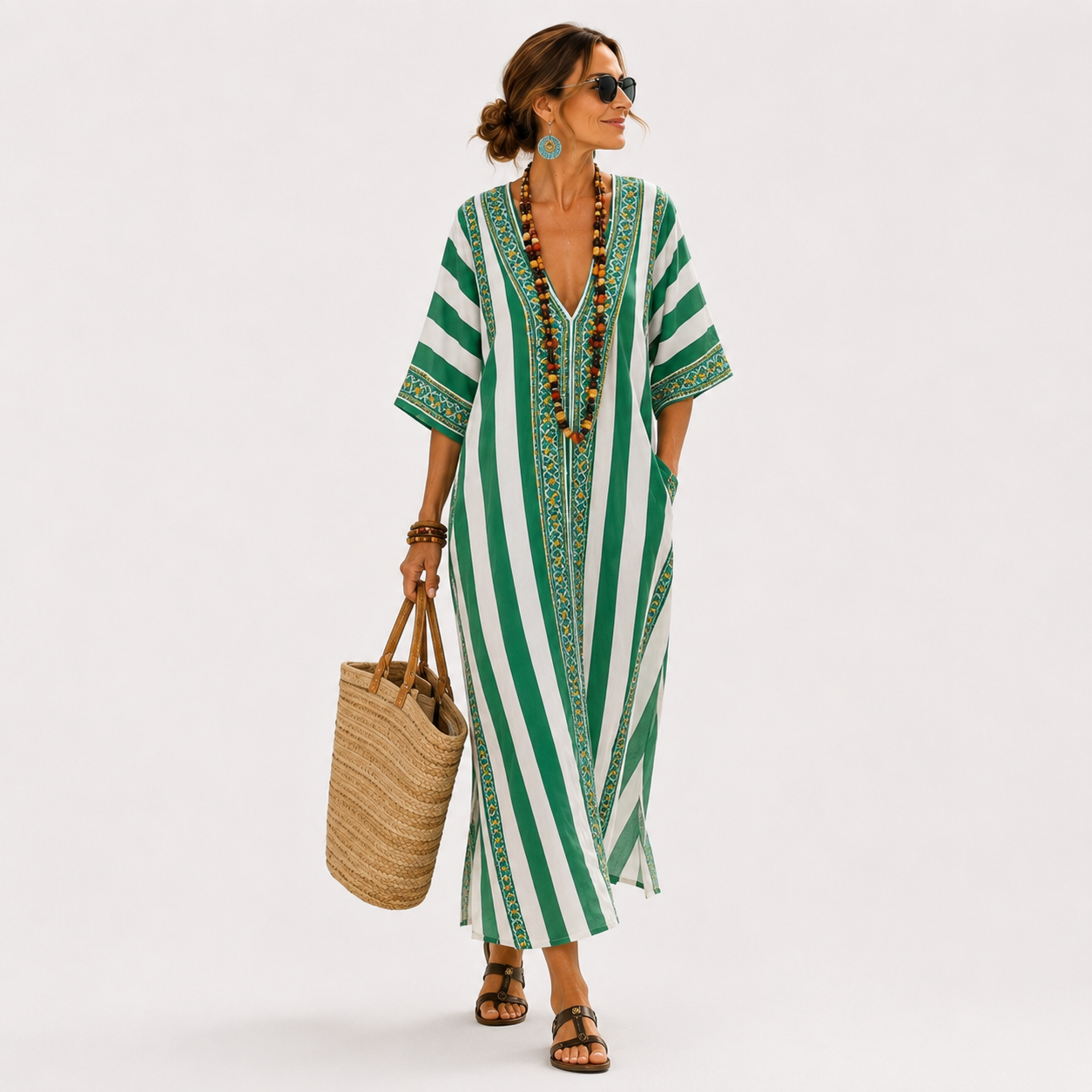 Emma | Caftan Long à Rayures Vertes