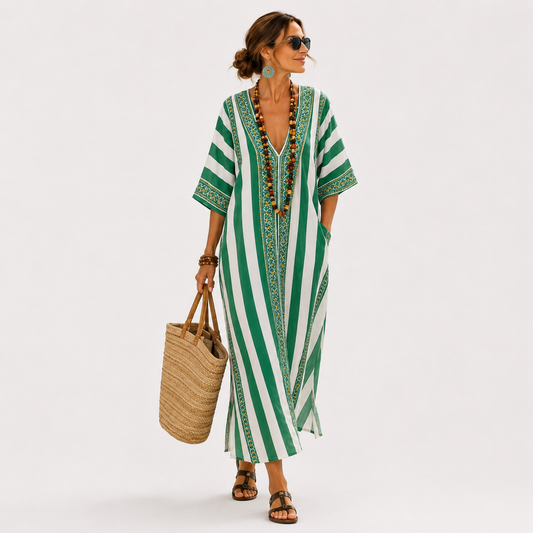 Emma | Caftan Long à Rayures Vertes