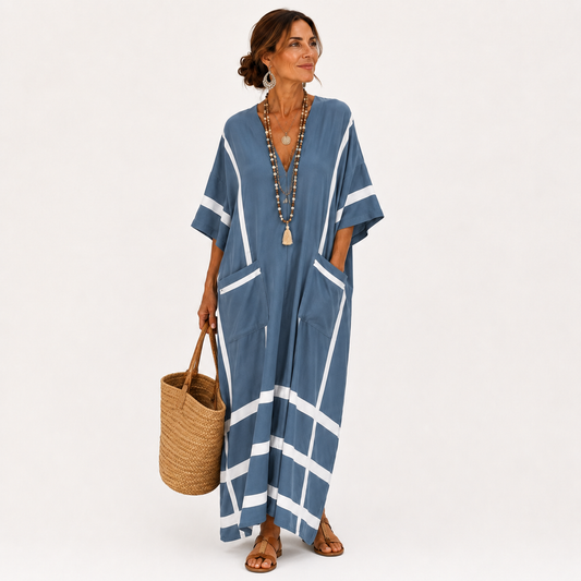 Cléo | Caftan Long à Rayures Bleues
