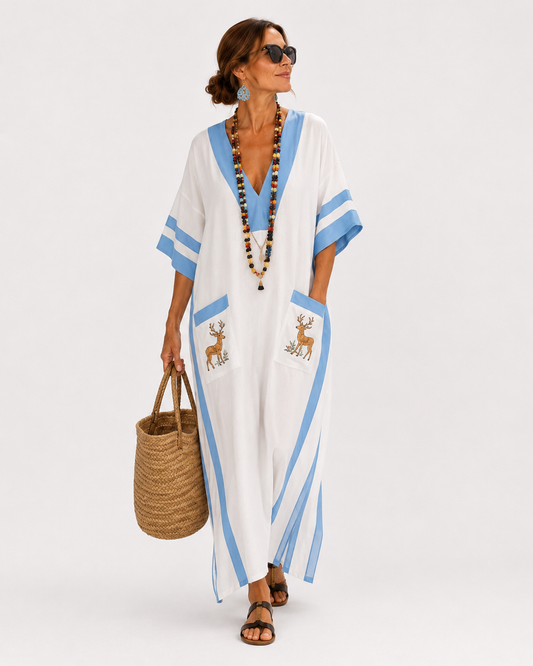 Lena | Caftan Long en Coton à Rayures Bleues