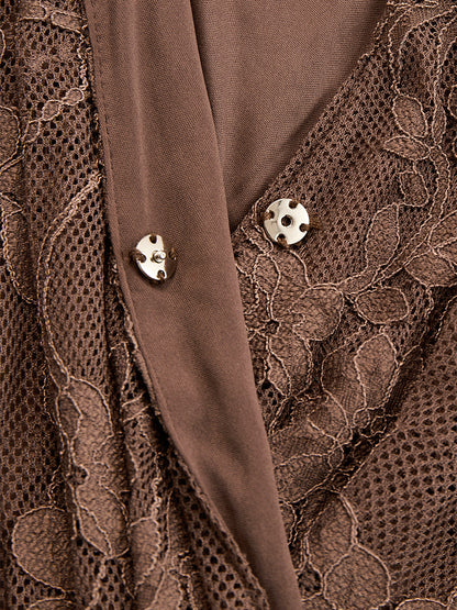 Elegant Brown Lace Front Slit Long Sleeve Maxi Dress