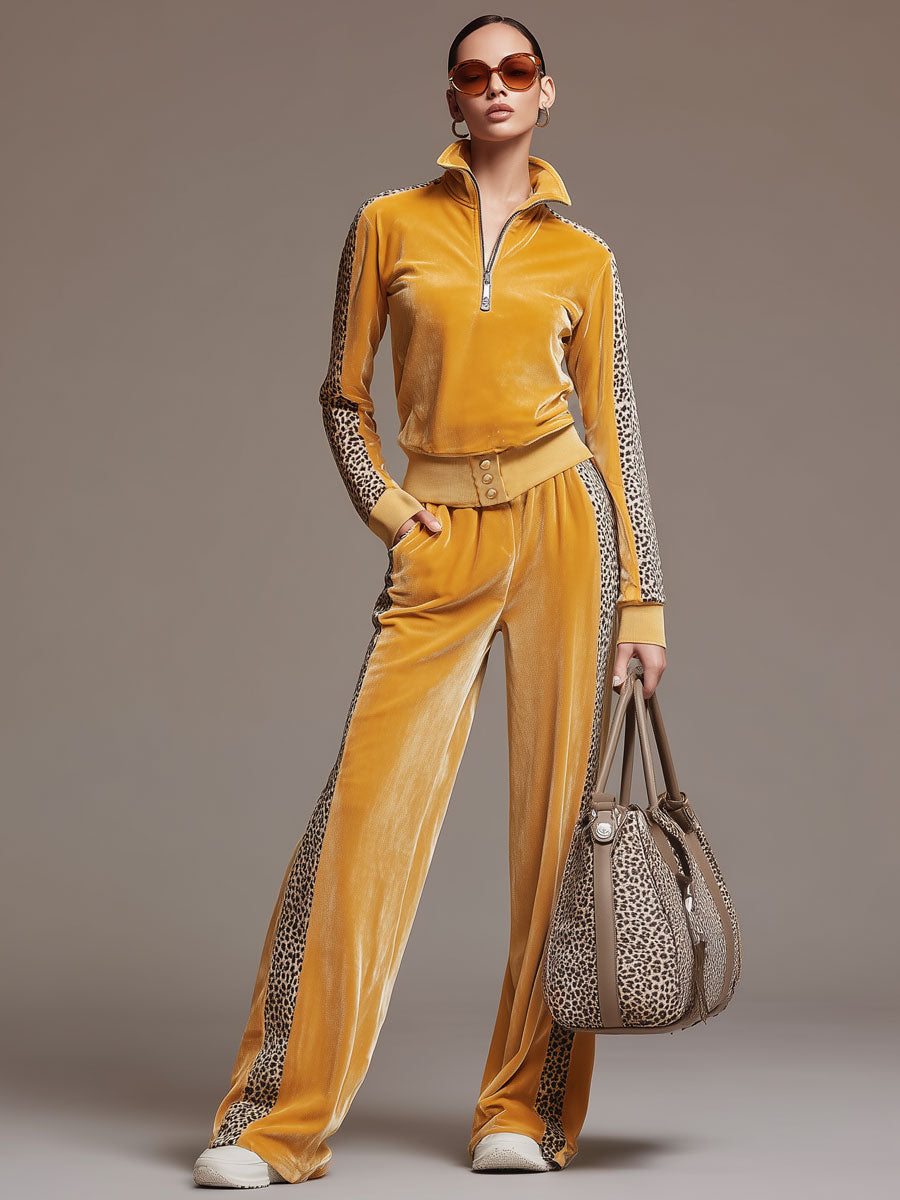 Casual Sporty Retro Leopard Print Trim Yellow Velvet Sweatshirt Wide-Leg Pants Set