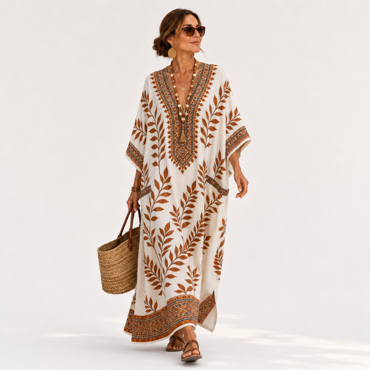 Elena | Caftan Crème à Imprimé Botanique