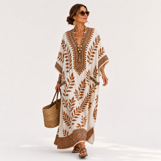 Elena | Caftan Crème à Imprimé Botanique
