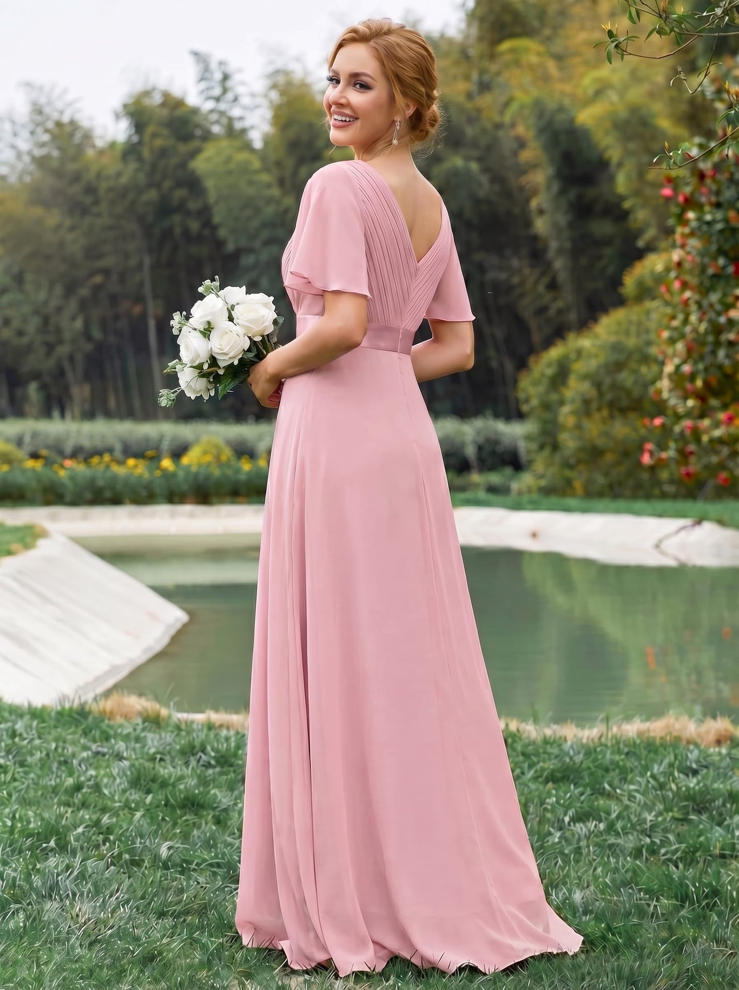 ever MONICA|Long Empire Waist Bridesmaid Dress with Short Flutter Sleeves