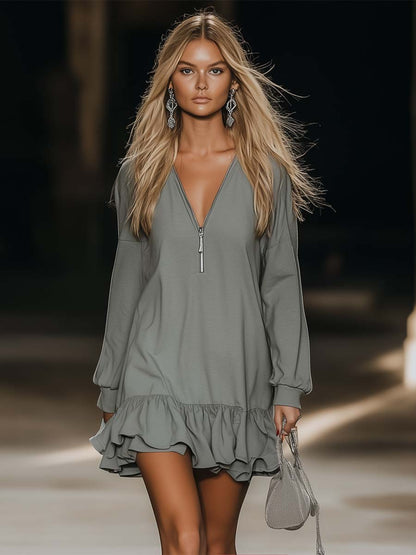 Casual Loose Fashion Zipper V-neck Long Sleeve Lotus Leaf Hem Gray Mini Dress