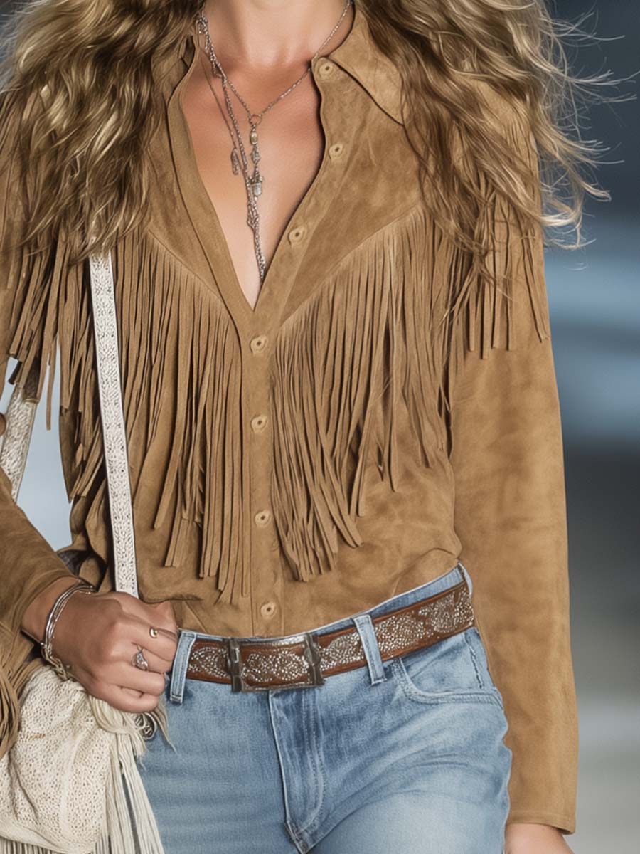 Casual Vintage Western Button Front Tassel Long Sleeve Light Brown Fuax Suede Shirt Top