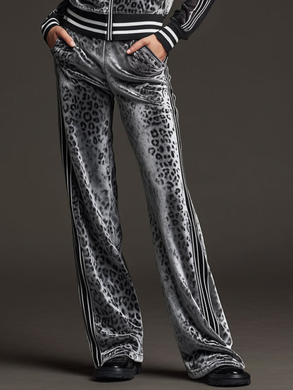 Sporty Retro Striped Mesh Sleeve Gray Leopard Print Velvet Sweatshirt And Pants Set