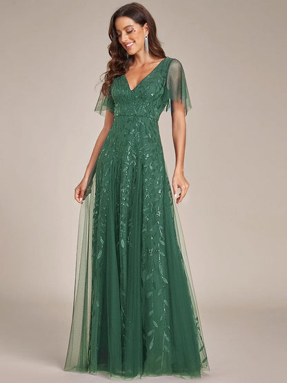 Robe Longue de Soirée Éclatante à Volants et Col en V Romantique