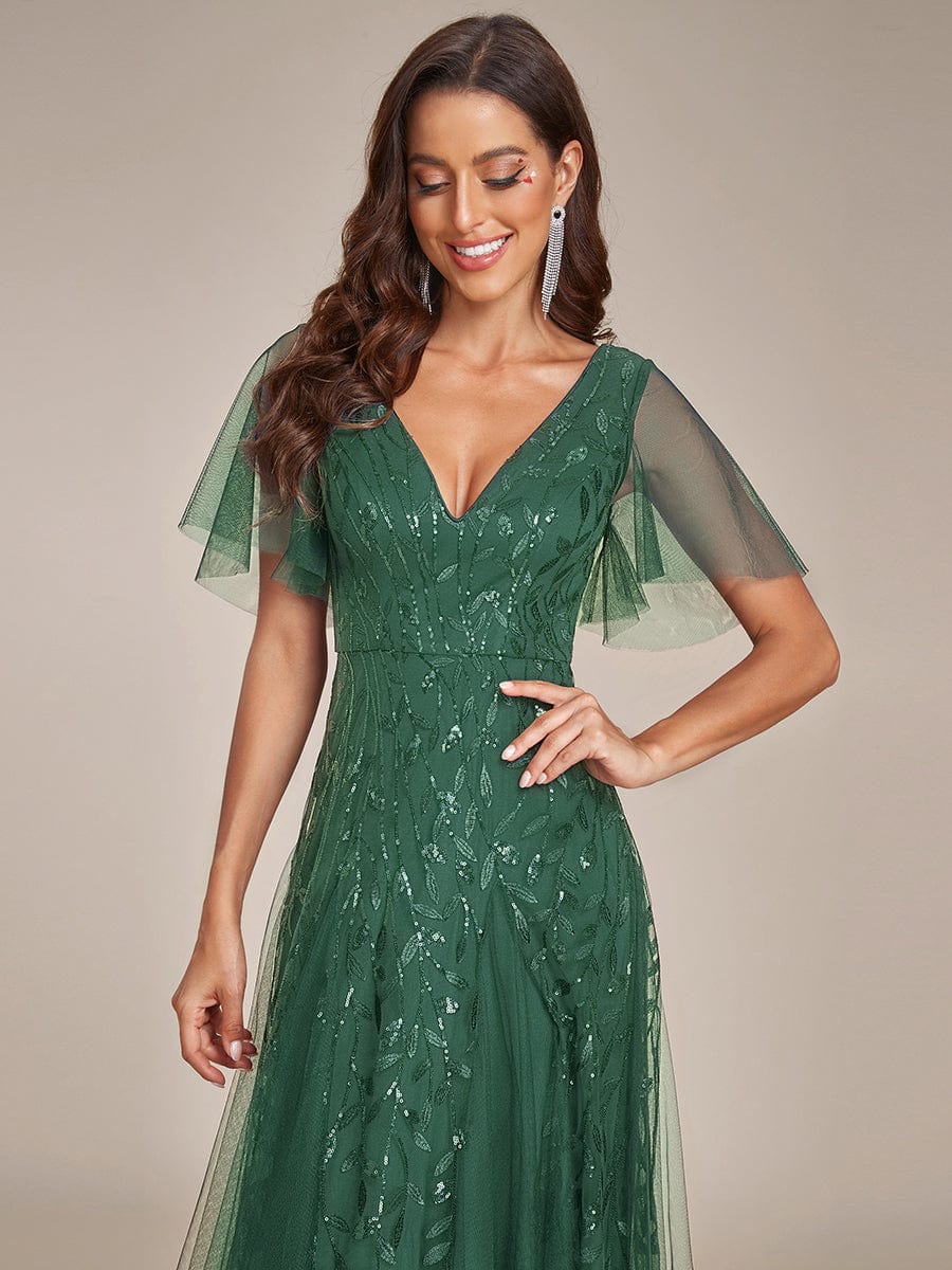 Robe Longue de Soirée Éclatante à Volants et Col en V Romantique