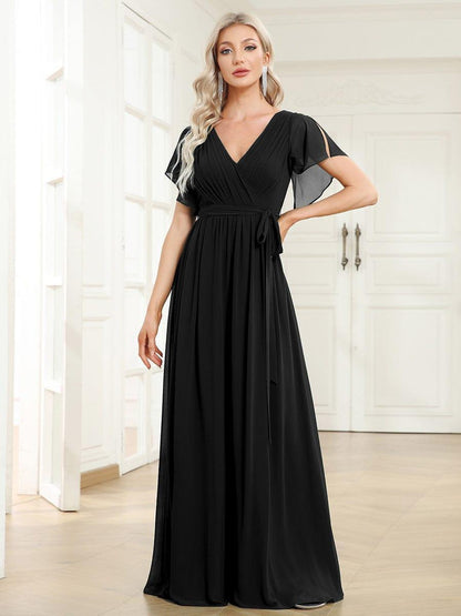ever LEORA|V-Neck Flutter Sleeve Floor-Length A-Line Chiffon Evening Dress