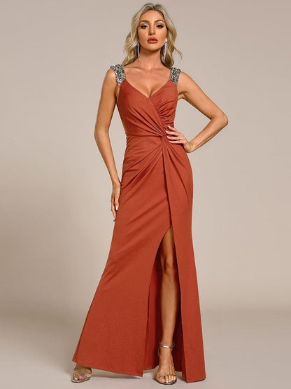 Robe de Soirée Élégante à Sequins avec Décolleté en V et Fente Haute