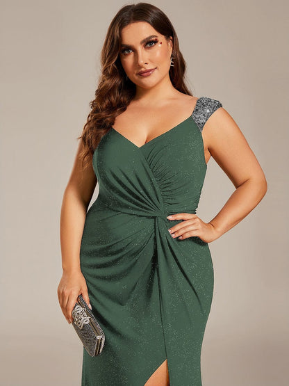 Robe de Soirée Élégante à Sequins avec Décolleté en V et Fente Haute