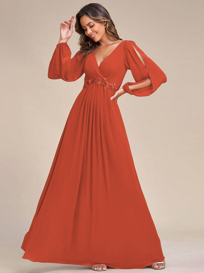 ever AMOUR|Lantern Long Slit Sleeve Deep V Applique Maxi Evening Dress